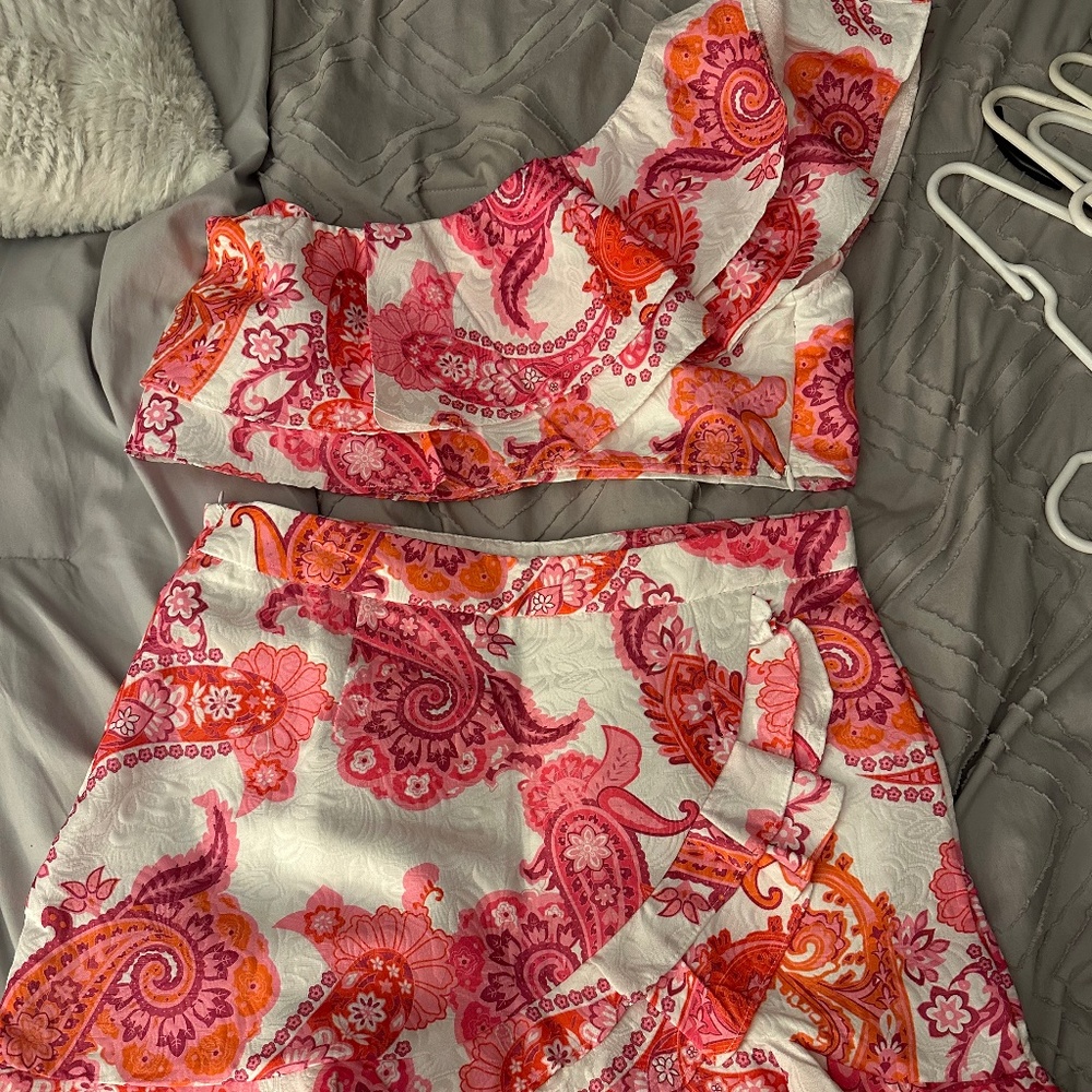 One Shoulder Paisley Skirt Set